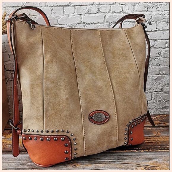 NWT 2X HP Beautifully Detailed Large Tan/Brown Crossbody Shoulder Bag - Picture 1 of 13